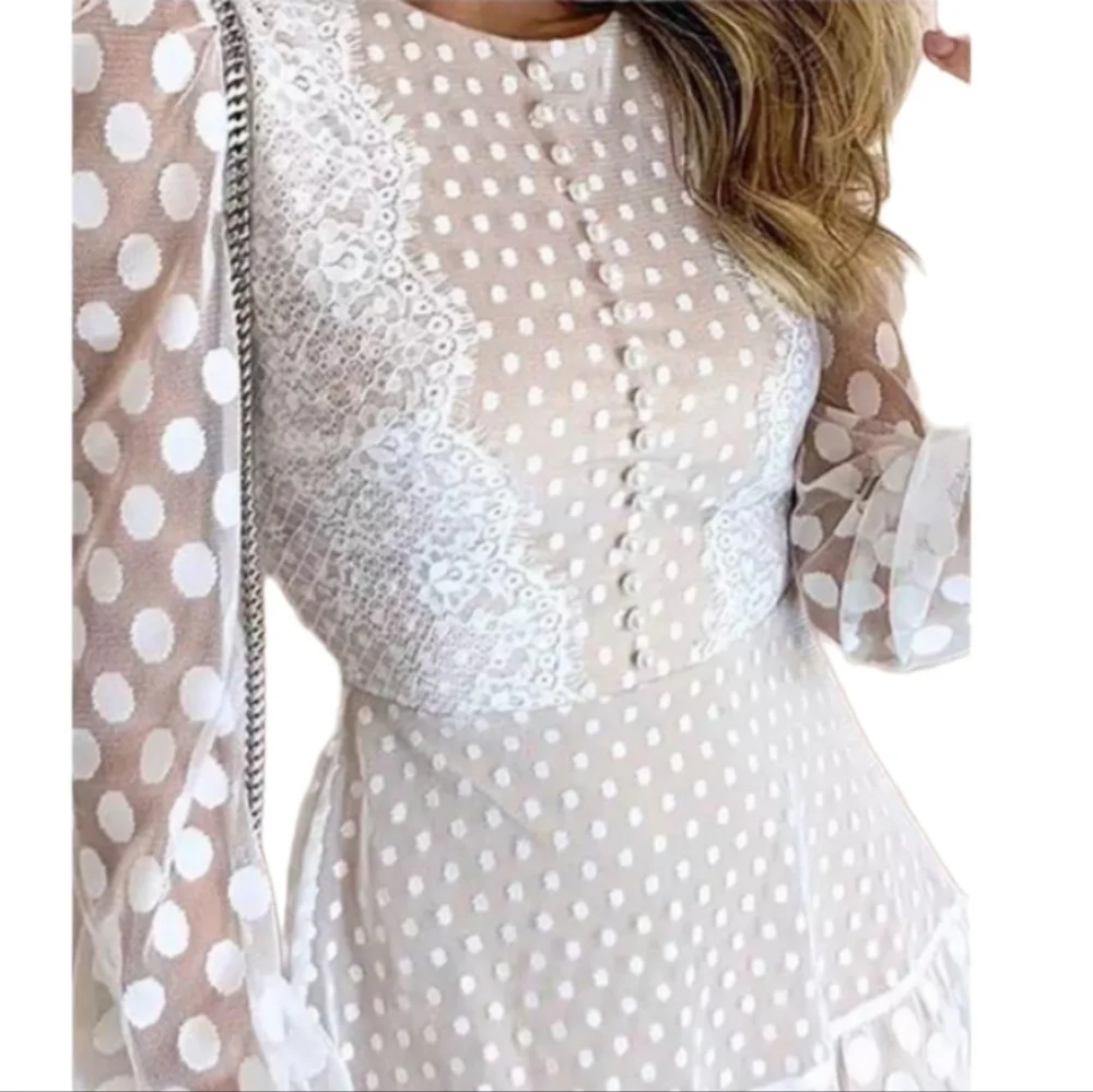 White lace mini dress polkadot Sze M embroided Long Sleeve party cocktail tiered - Picture 2 of 4